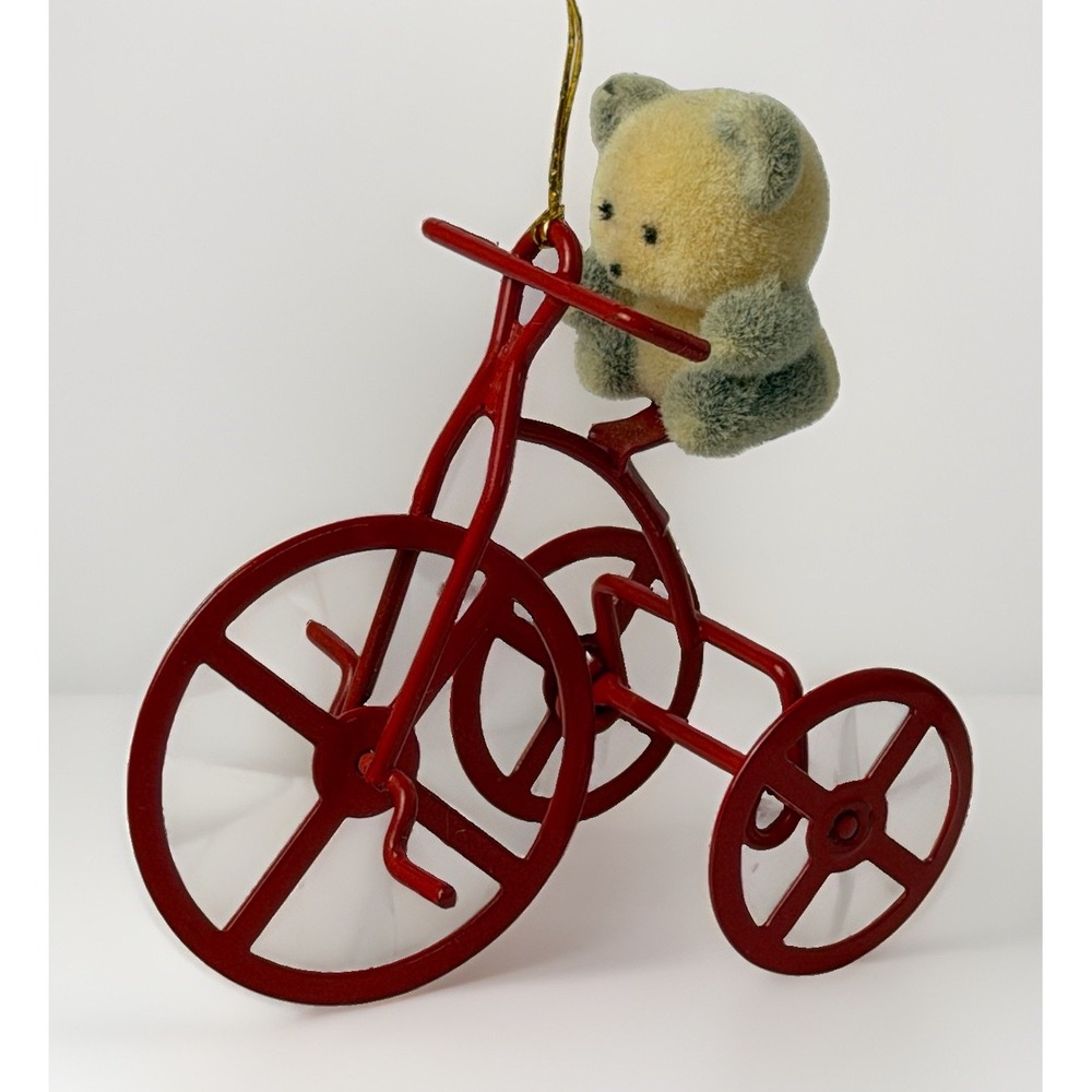 Avon Flocked Teddy Bear on a Red Metal Tricycle Christmas Ornament Vintage